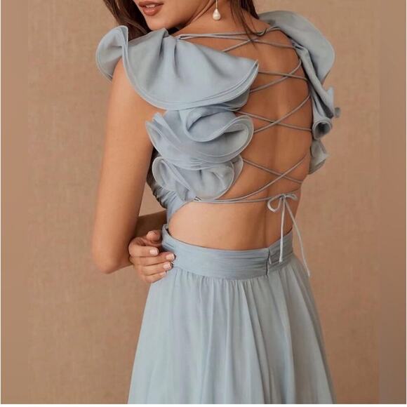 Mac Duggal 67911 Lace-Up Open-Back Formal Dress Powder Blue Size 8 NWT - Picture 4 of 15